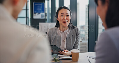 Buy stock photo Manager, businesswoman and tablet for team discussion, meeting or idea in Japan. Happy leader, technology and group brainstorming project for planning, collaboration or financial investment in office