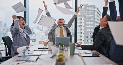 Buy stock photo Business people, paper throw and office with celebration, opportunity and victory in meeting. Japan, boardroom and wow with teamwork, collaboration and win with paperwork in air with excited staff