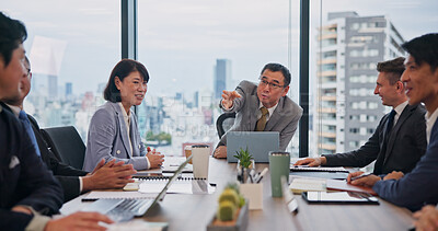 Buy stock photo CEO, business people and team in meeting, planning or work delegation in Japan. Leader, instruction and group brainstorming project, discussion or investment briefing for results on laptop in office