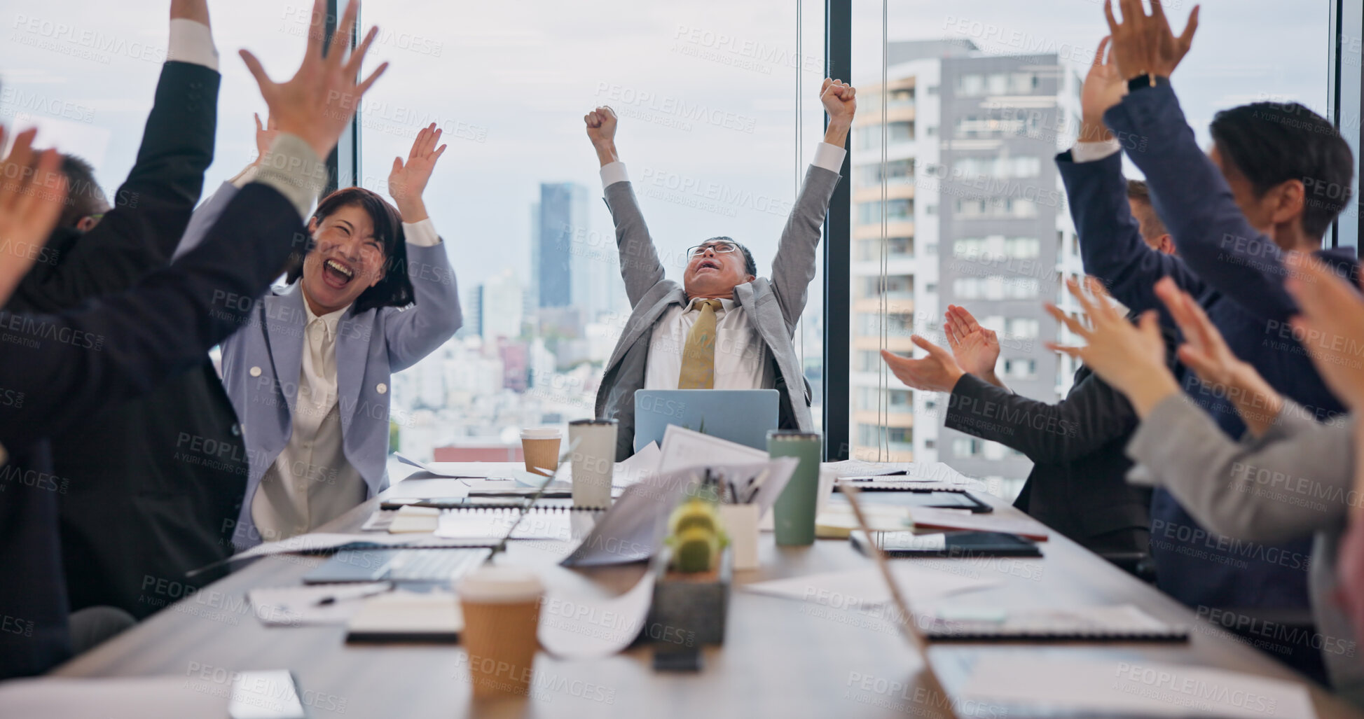 Buy stock photo Business people, celebration and office with success, opportunity and victory in meeting. Japan, boardroom and wow with teamwork, collaboration and win with paperwork with excited staff and applause