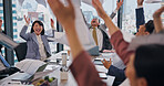Business people, paper throw and office cheer with success, opportunity and victory in meeting. Japan, boardroom and wow with teamwork, collaboration and win with paperwork in air with excited staff