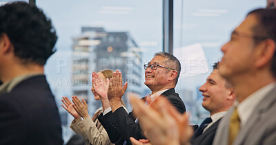 Buy stock photo Applause, audience and conference with business people in office for success or support. Education, event and seminar with Japanese employee crowd clapping in workplace together for development