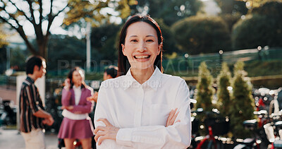 Buy stock photo Japanese, woman and portrait of manager in park with arms crossed, outdoor and confidence from team building. Happy, success and company pride with smile, about us and professional in urban town