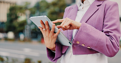 Buy stock photo Online, hands and person with tablet in street for social networking, reading ebook and travel location search. Japan, scroll or technology for internet research, web information or streaming service