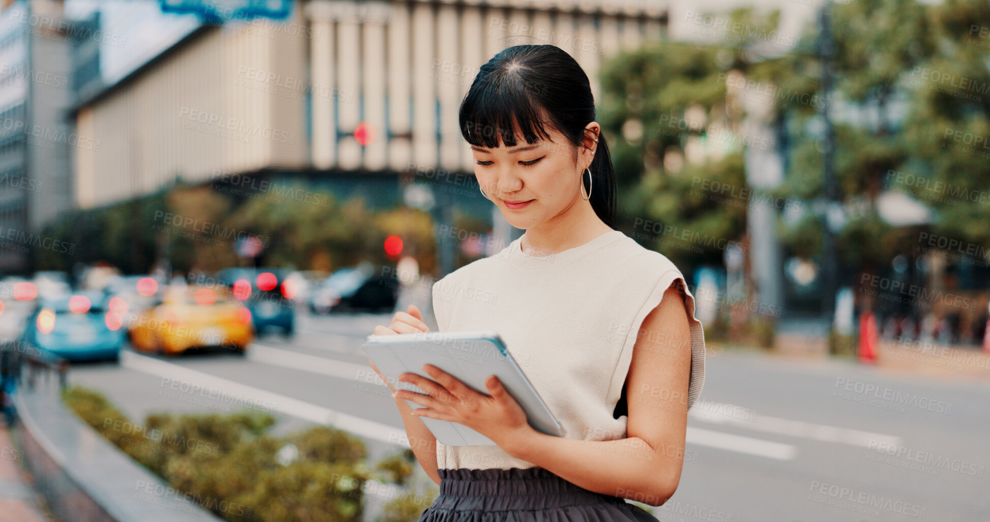 Buy stock photo Business, japanese woman and tablet in street for online listing, urban development and networking. Professional, real estate agent and digital app for research, web information and internet scroll