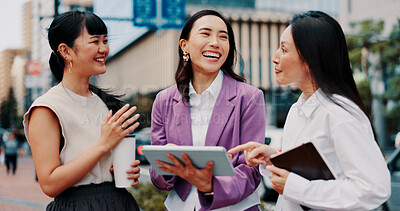 Buy stock photo City, laughing and tablet with business woman outdoor together for collaboration, meeting or planning. Conversation, funny and project management with Japanese employee group in Tokyo for teamwork