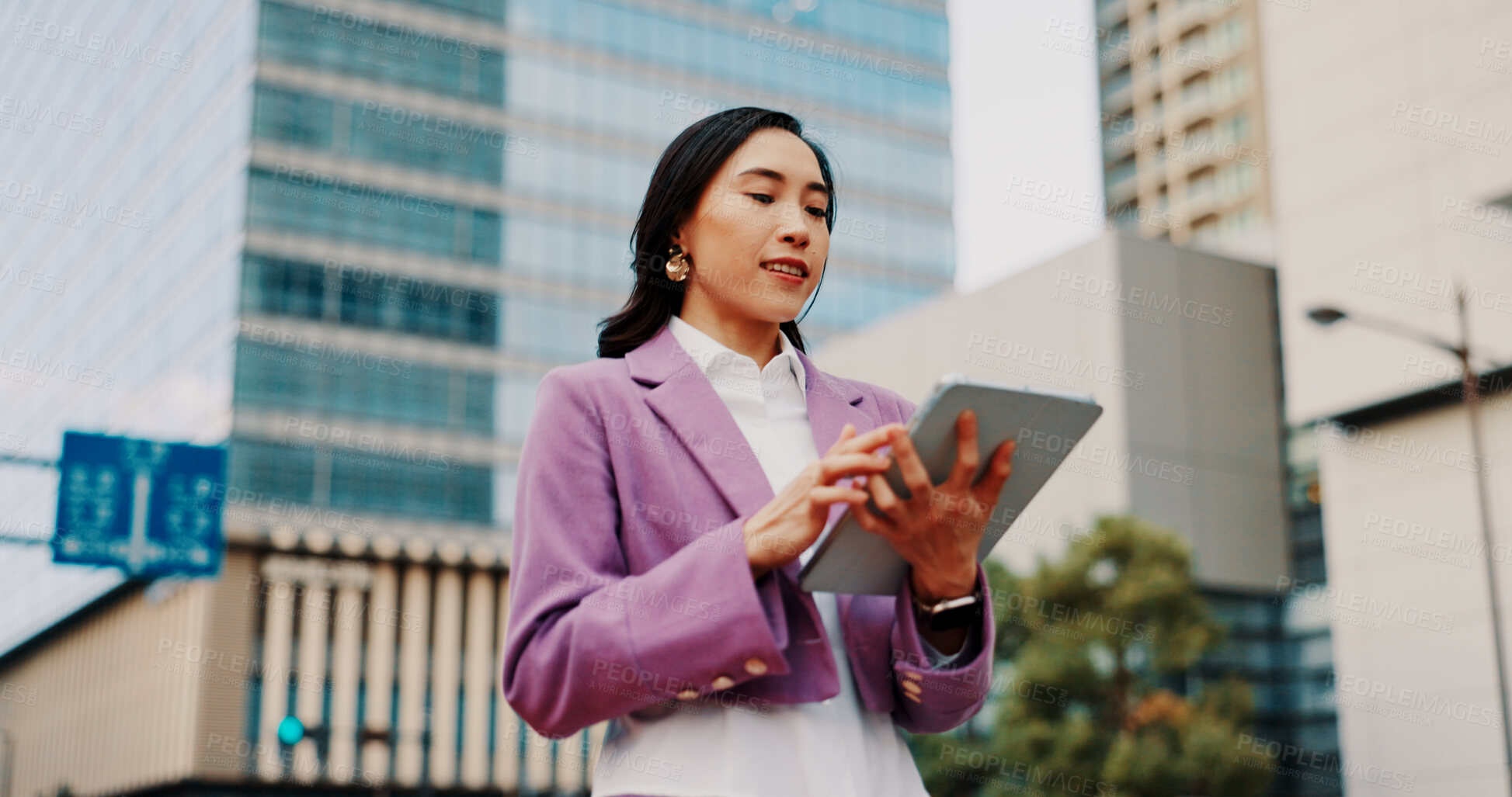 Buy stock photo Business, japanese woman and tablet by buildings for online listing, residential development and networking. Professional, real estate agent and digital app for research, web information and internet