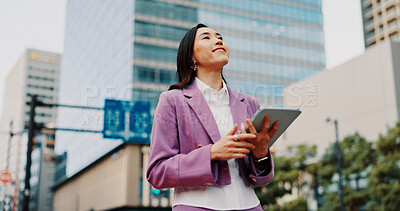 Buy stock photo Japanese woman, city and tablet with below, thinking and planning in property or business. Female person, tech and ideas for growth, investment and opportunity in real estate development as architect