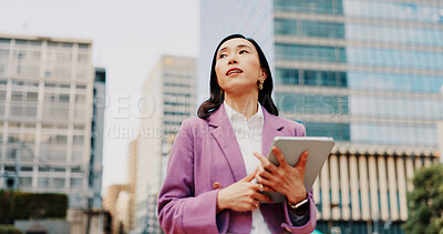Buy stock photo Japanese woman, city and tablet with thinking, below and planning in property or business. Female person, tech and ideas for growth, investment and opportunity in real estate development as architect