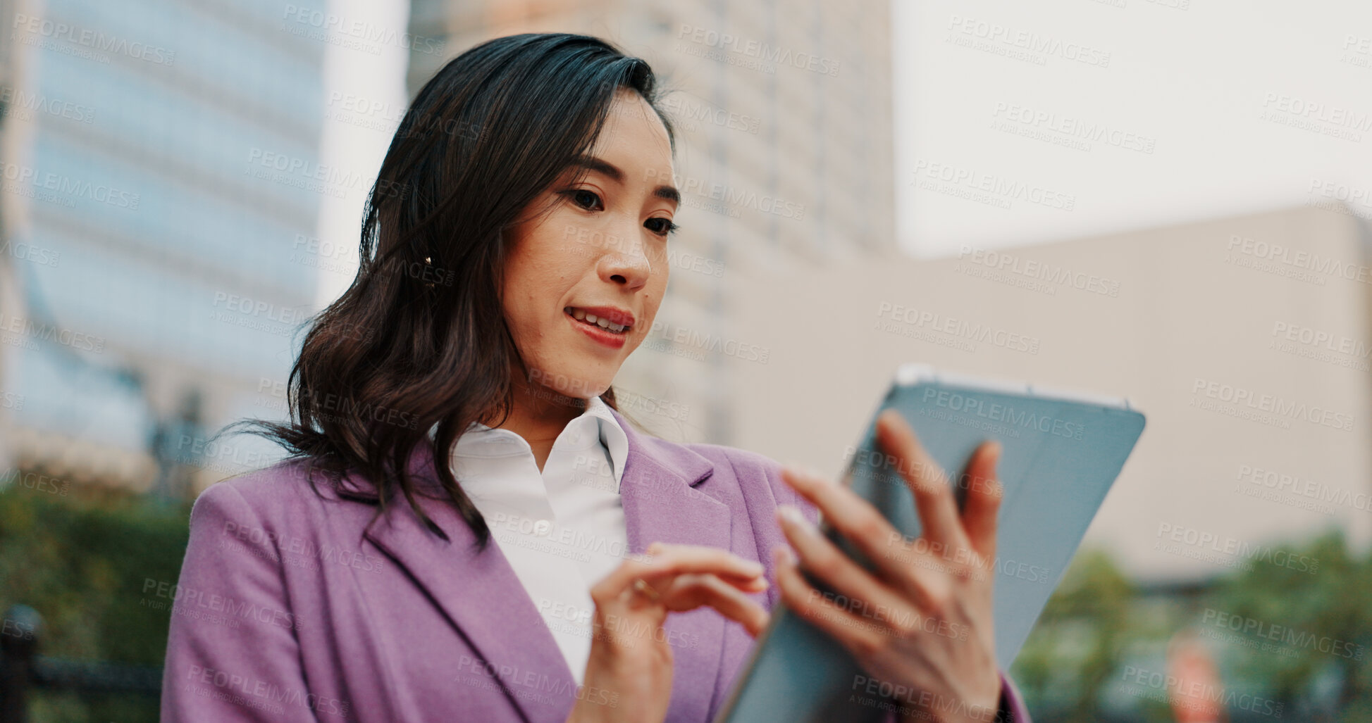 Buy stock photo Business, woman and tablet by buildings for online listing, residential development and networking in city. Professional, real estate agent and digital app for research and web information in japan