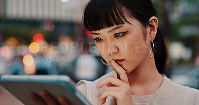 Buy stock photo Japanese woman, city street and tablet with planning in thinking, property and industry as architect. Female person, tech and night with ideas, investment and opportunity for real estate development