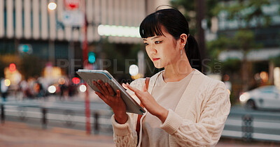 Buy stock photo Japanese woman, city and tablet with scroll, planning and property industry as young architect. Female person, technology and night with ideas, investment and opportunity for real estate development