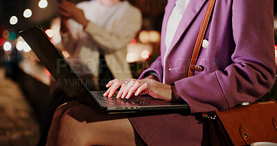 Buy stock photo Business, night and woman in city, laptop and typing with website information. Closeup, person and employee with computer, evening and network with connection, email notification and tech in Japan