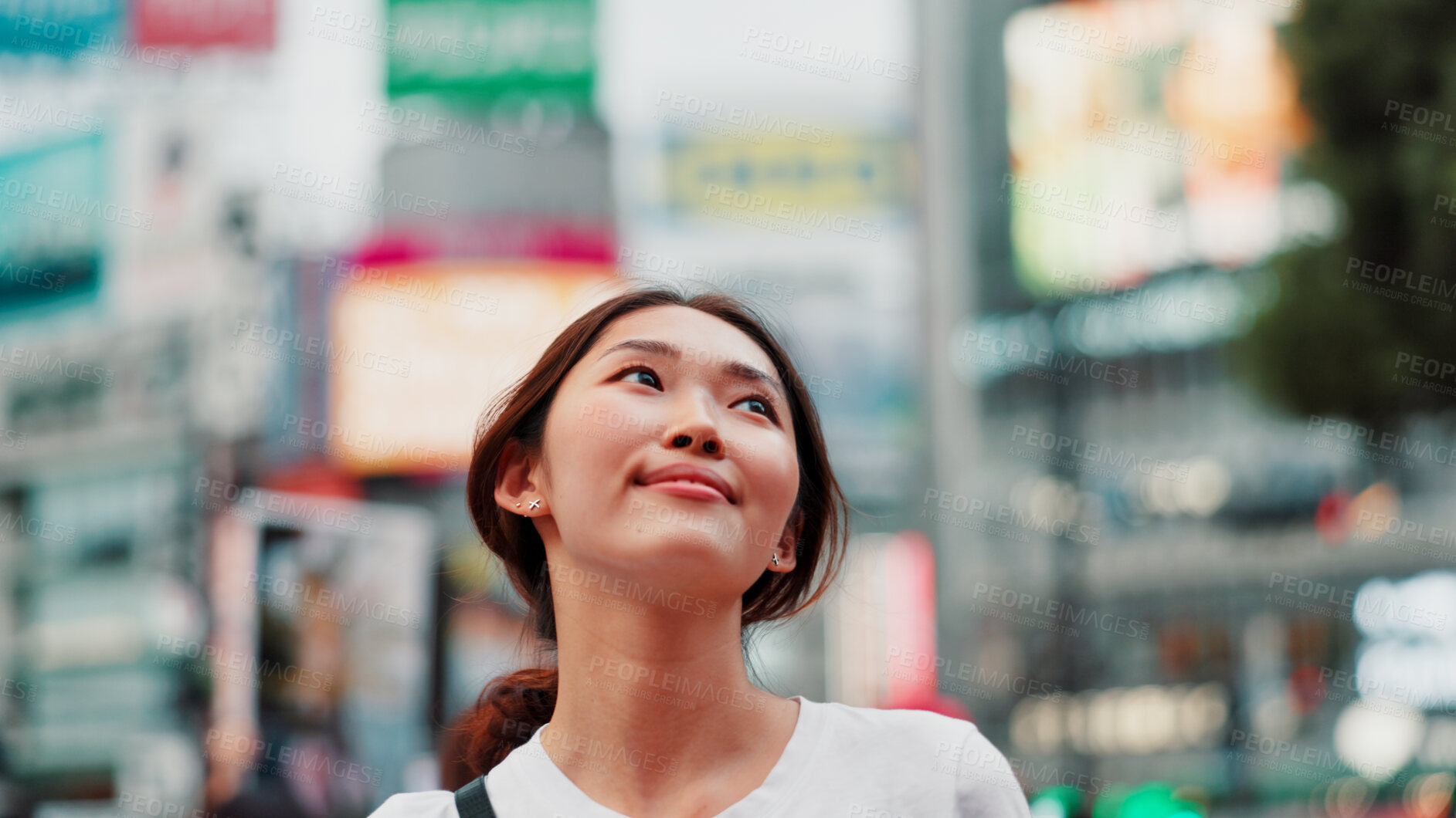 Buy stock photo Japanese woman, thinking and city with travel, outdoor and sightseeing with smile from exploring. Happy, holiday and idea for vacation and urban journey in Tokyo with town trip and adventure break