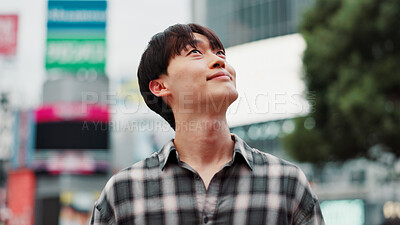 Buy stock photo City, thinking and japanese man with travel, sightseeing and holiday with weekend break. Idea, smile and Japan with vacation, adventure and journey in Tokyo on urban sidewalk with trip to town
