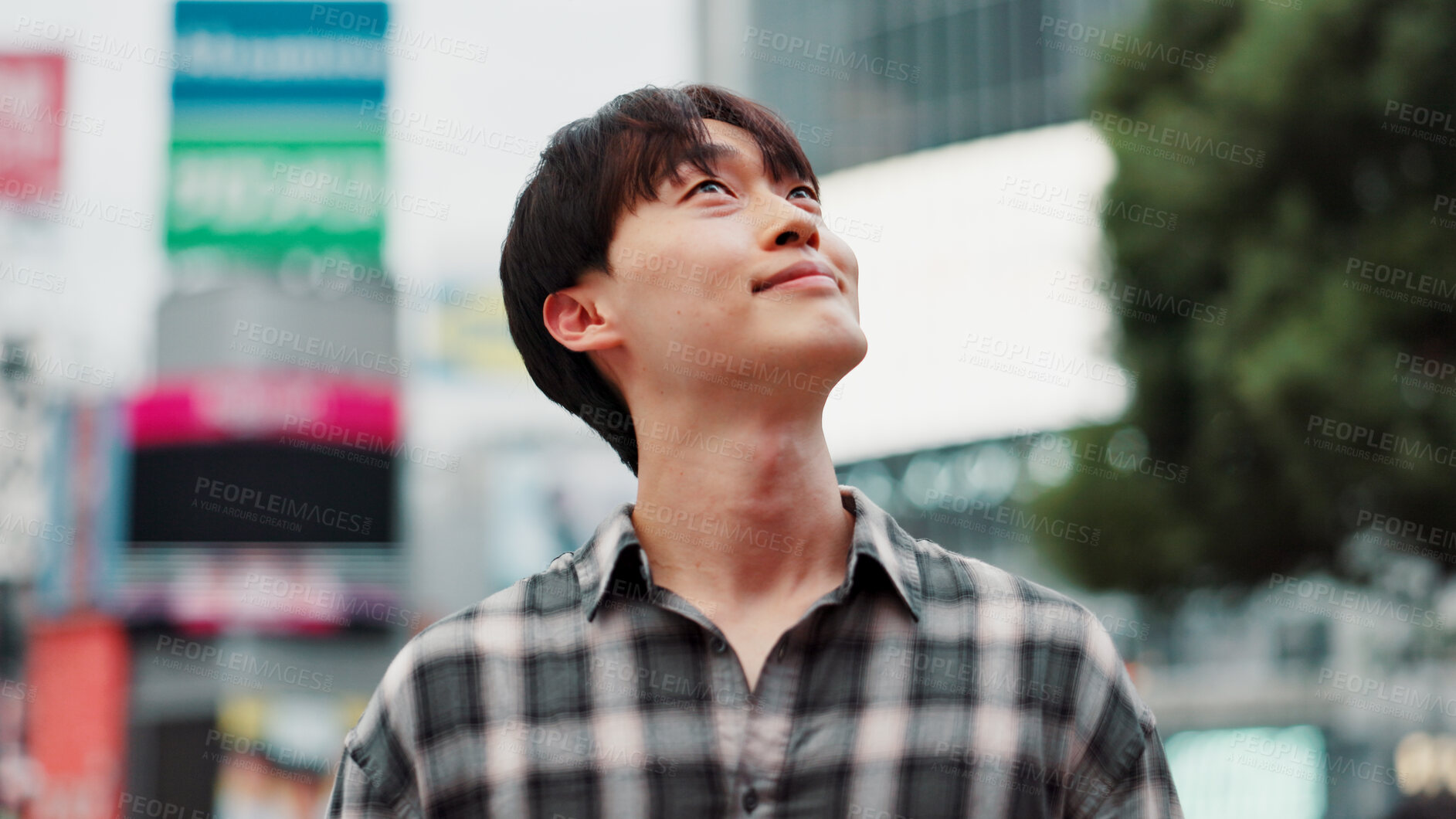 Buy stock photo City, thinking and japanese man with travel, sightseeing and holiday with weekend break. Idea, smile and Japan with vacation, adventure and journey in Tokyo on urban sidewalk with trip to town