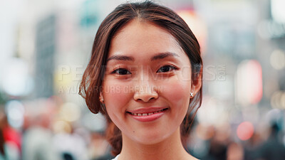 Buy stock photo Smile, confidence and portrait of woman in city for weekend travel, sightseeing and outdoor adventure. Urban, street and happy face of Japanese student on morning commute with pride, bokeh and joy