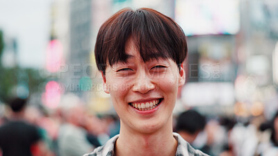 Buy stock photo Smile, confidence and portrait of man in city for weekend travel, sightseeing and outdoor adventure. Urban, street and happy face of Japanese student on morning commute with pride, bokeh and cheerful