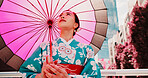 City, umbrella and woman in kimono on bridge with thinking, morning travel or sightseeing adventure. Fashion, spring and Japanese girl in traditional clothes, parasol or urban culture with low angle