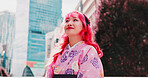 Urban, smile and face of woman with kimono, thinking and sightseeing adventure in traditional fashion. City culture, identity and girl in Japanese clothes, happy ideas and morning travel in low angle