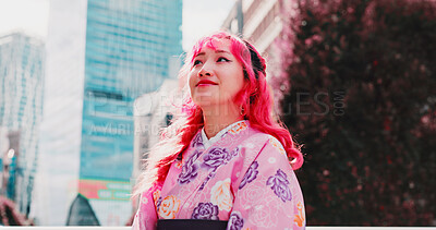 Buy stock photo Urban, smile and face of woman with kimono, thinking and sightseeing adventure in traditional fashion. City culture, identity and girl in Japanese clothes, happy ideas and morning travel in low angle