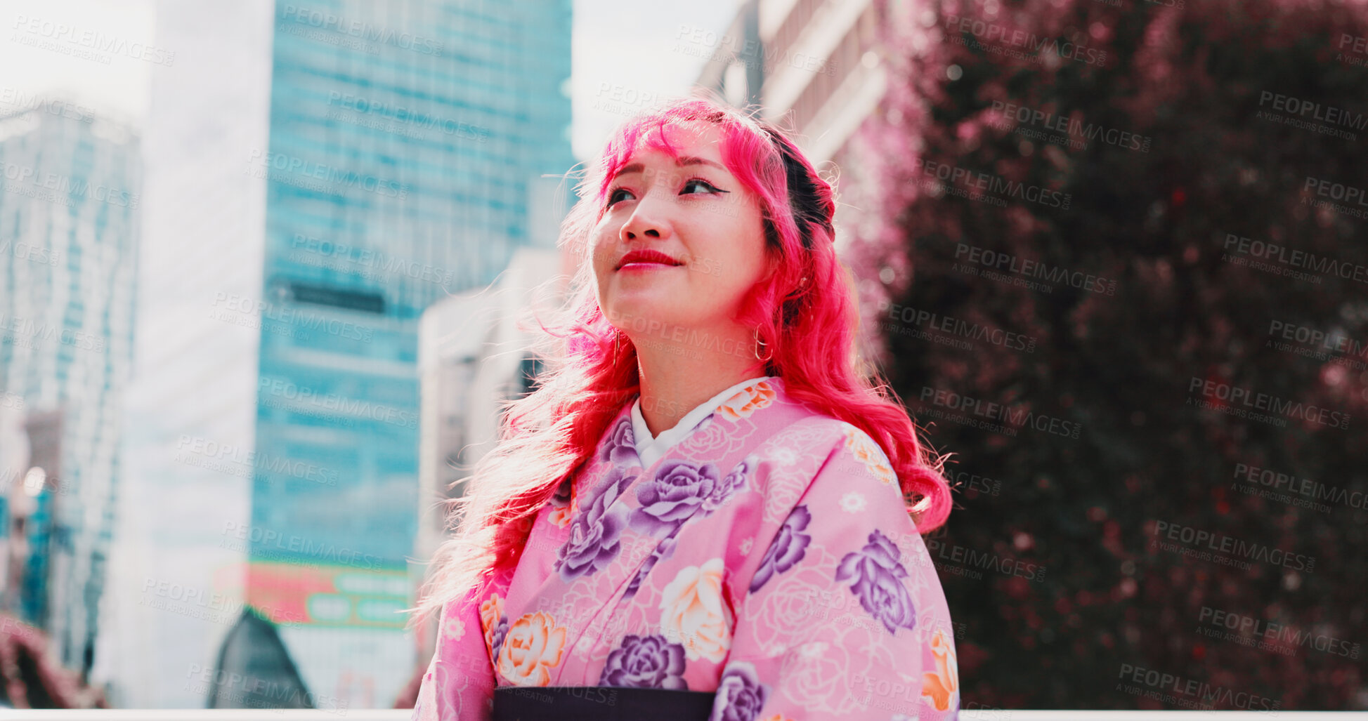 Buy stock photo Urban, smile and face of woman with kimono, thinking and sightseeing adventure in traditional fashion. City culture, identity and girl in Japanese clothes, happy ideas and morning travel in low angle