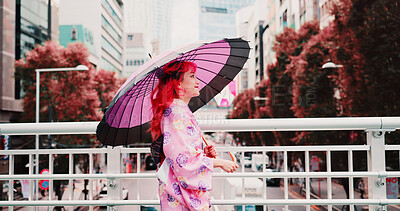 Buy stock photo City, umbrella and happy woman in kimono walking on bridge with smile, morning travel or sightseeing. Fashion, pink style and Japanese girl in traditional clothes, parasol or culture on urban commute