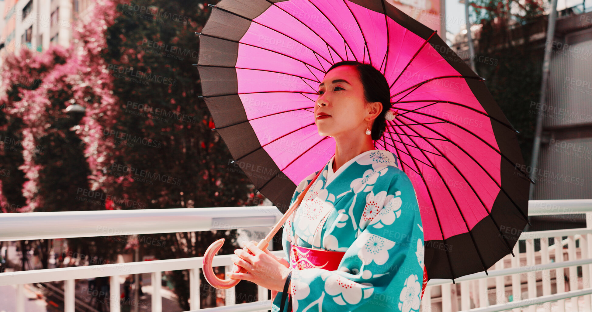 Buy stock photo City, umbrella and girl in kimono walking on bridge for thinking, morning travel or outdoor sightseeing. Fashion, stroll and Japanese woman in traditional clothes, parasol or culture on urban commute