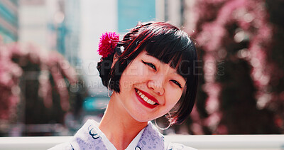 Buy stock photo City, smile and portrait of happy woman with kimono, confidence and sightseeing adventure in traditional fashion. Urban, identity and face of girl in Japanese clothes,  culture and morning travel