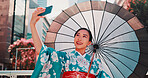 Japan, selfie and woman in city, umbrella and fashion with traditional clothes. Happiness. person and girl with smartphone, cover and trendy outfit with culture, influencer and cheerful with app