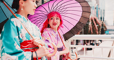 Buy stock photo City, umbrella and girl friends in kimono walking on bridge for chat, morning travel or sightseeing together. Urban, fashion and Japanese women with traditional clothes, parasol or culture on commute