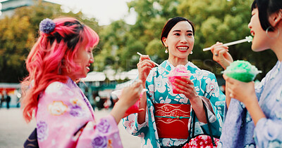 Buy stock photo Kimono, slushy and summer with Japanese girls outdoor in city together for bonding as friends. Conversation, kakigori and smile of women eating ice at carnival for culture, heritage or tradition