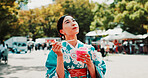 Slushie, travel and Japanese woman in city with traditional kimono for dessert or sweet treat. Journey, happy and person with shaved ice snack with cultural dress for fashion in town on holiday.