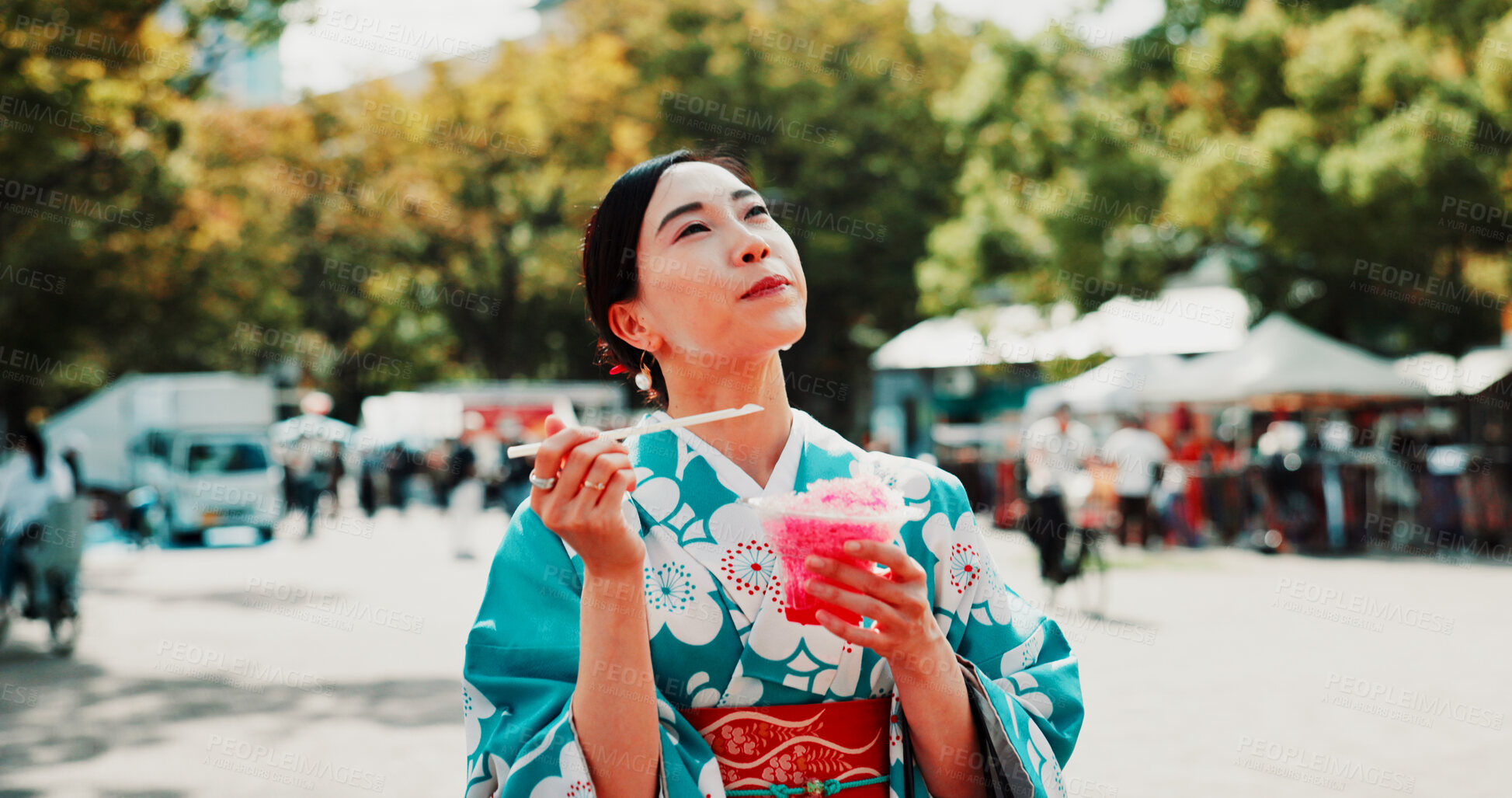 Buy stock photo Slushie, travel and Japanese woman in city with traditional kimono for dessert or sweet treat. Journey, happy and person with shaved ice snack with cultural dress for fashion in town on holiday.
