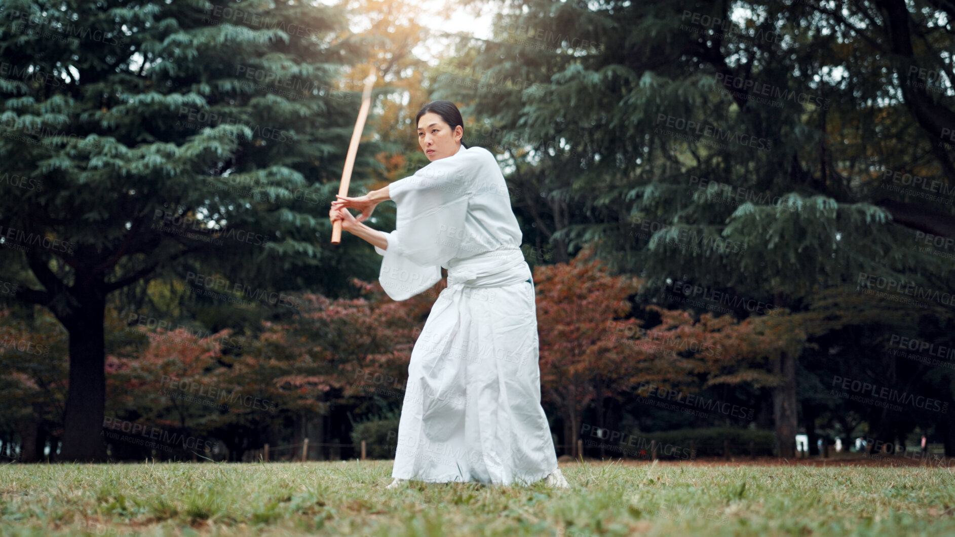 Buy stock photo Nature, martial arts and Asian woman with bamboo sword in park for training, Kendo practice and exercise. Culture, bokuto and person with shinai for skills, fitness and traditional sports in Japan