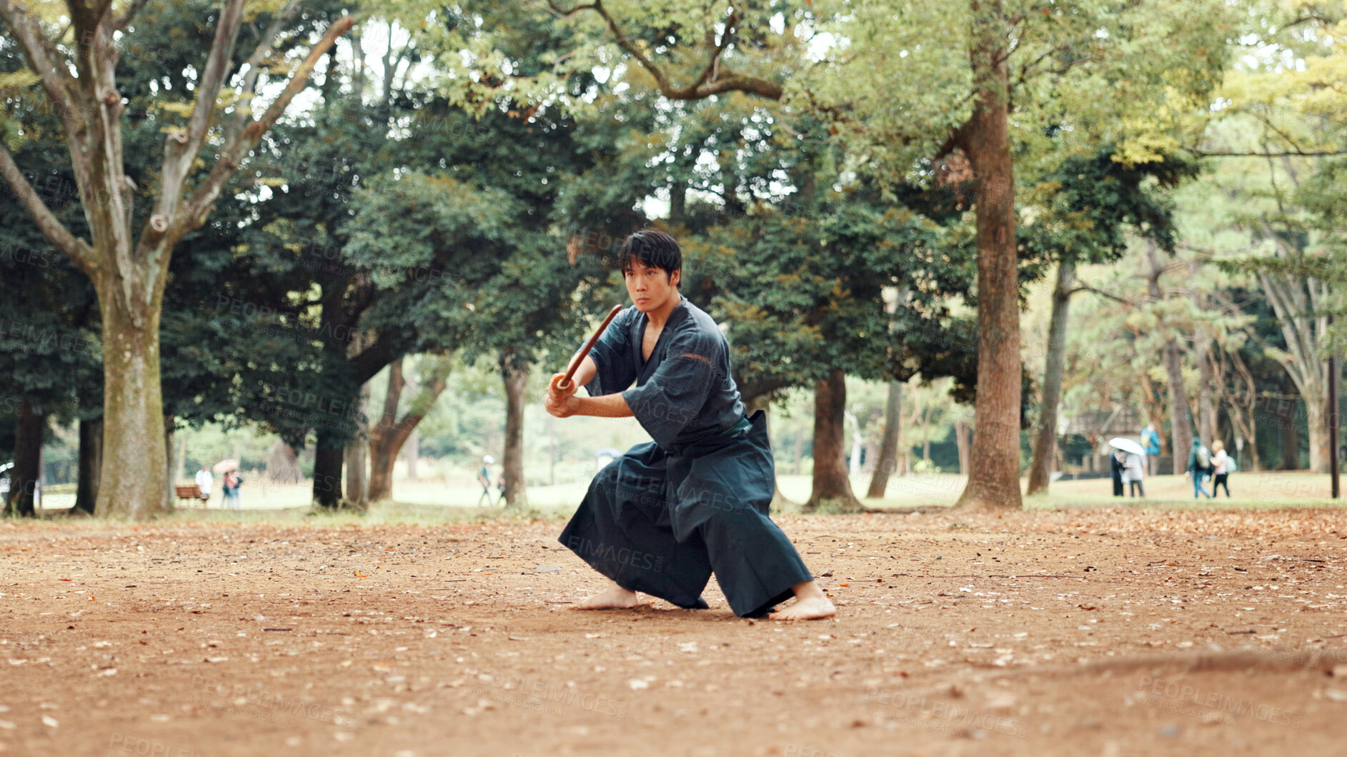 Buy stock photo Man, fitness and sword in nature for martial arts, demonstration and training tradition in Kyoto. Japanese samurai, weapon and indigenous culture in park for kendo, practice or self defense technique