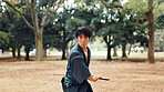 Bokken, Japanese man and outdoor for martial arts in training, exercise or sports as athlete. Culture, weapon and male person for heritage, combat and practice for self defense technique with bojutsu