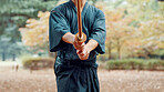 Bokken, Japanese person and outdoor as practice, exercise and sport in culture or martial arts. Performance, weapon and heritage for challenge, combat or training as self defense technique in bojutsu