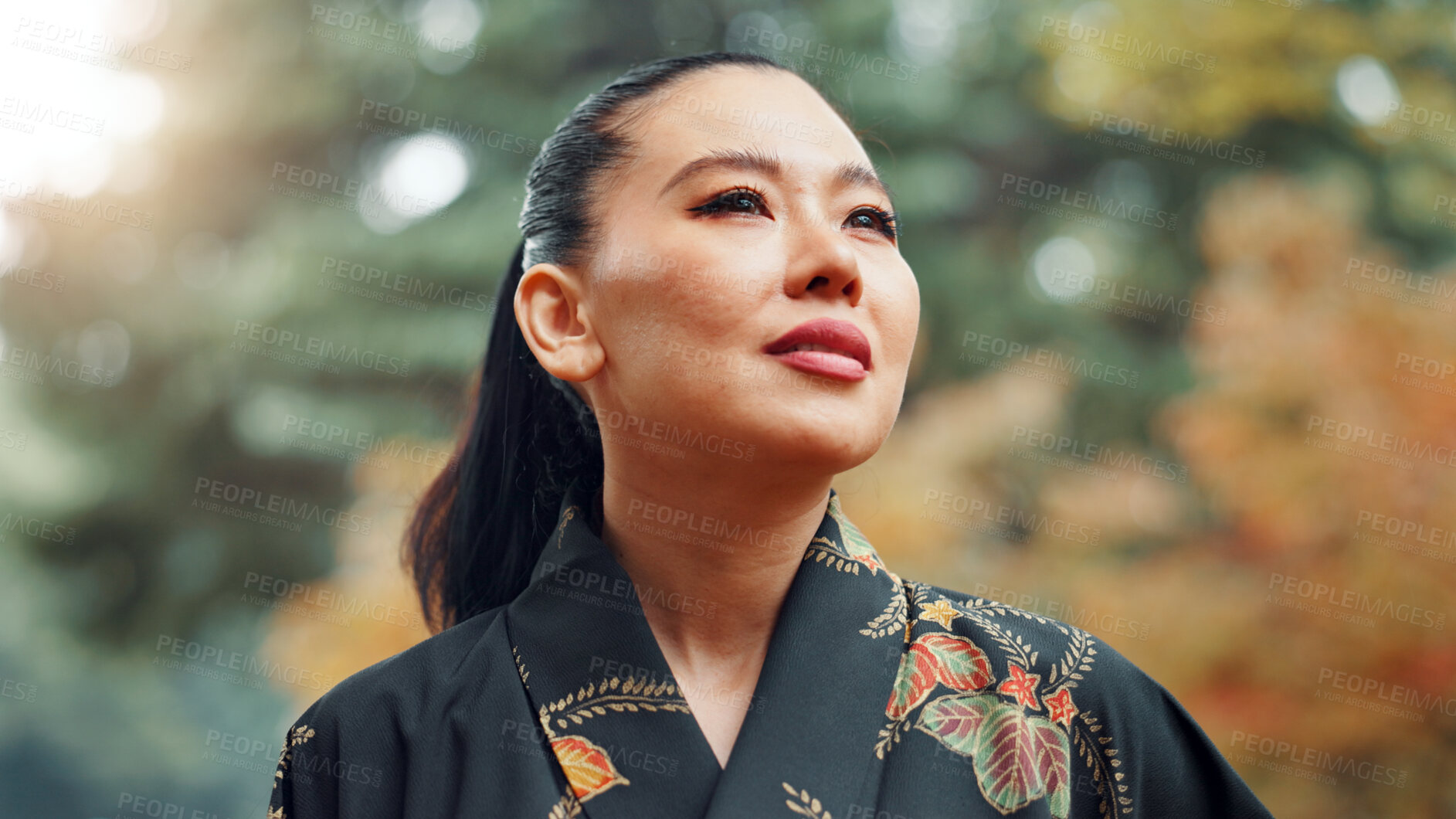 Buy stock photo Woman, thinking and reflection in nature for idea, peace and mindset for martial arts practice in Tokyo. Japanese samurai, daydreaming and relax in park with nostalgia, memories and culture in sport