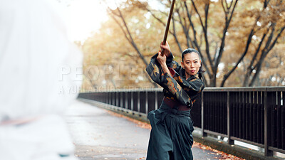 Buy stock photo City, bamboo sword and Asian people on bridge for martial arts, Kendo practice and exercise. Culture, heritage and person with shinai for skill challenge, fight and training with sensei in Japan