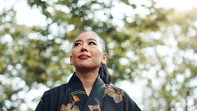 Buy stock photo Woman, thinking and relax in park for peace, idea and mindset for martial arts practice in Tokyo. Japanese samurai, daydreaming and reflection in nature with nostalgia, memories and culture in sport