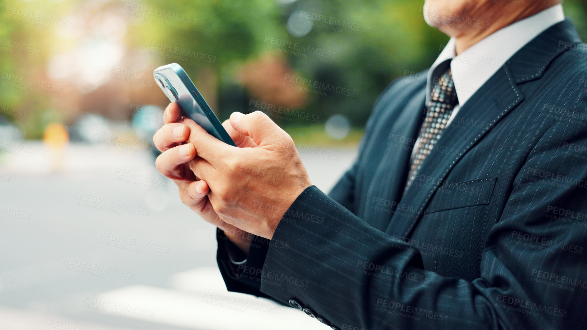 Buy stock photo Outdoor, hands and businessman with smartphone on internet for city navigation and directions in Japan. Male person, employee and community in downtown Tokyo with online map for location and address