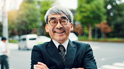 Buy stock photo Smile, glasses and portrait of businessman in city with positive attitude for finance career. Happy, confident and Japanese mature male financial executive with pride for company revenue in town.