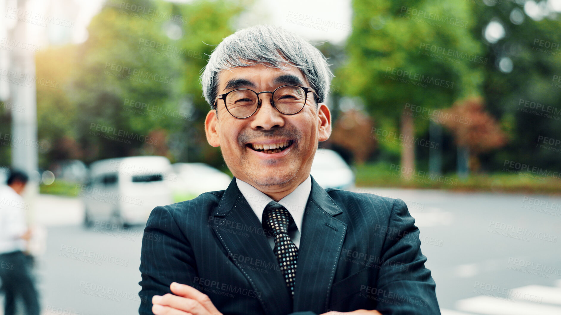 Buy stock photo Smile, glasses and portrait of businessman in city with positive attitude for finance career. Happy, confident and Japanese mature male financial executive with pride for company revenue in town.