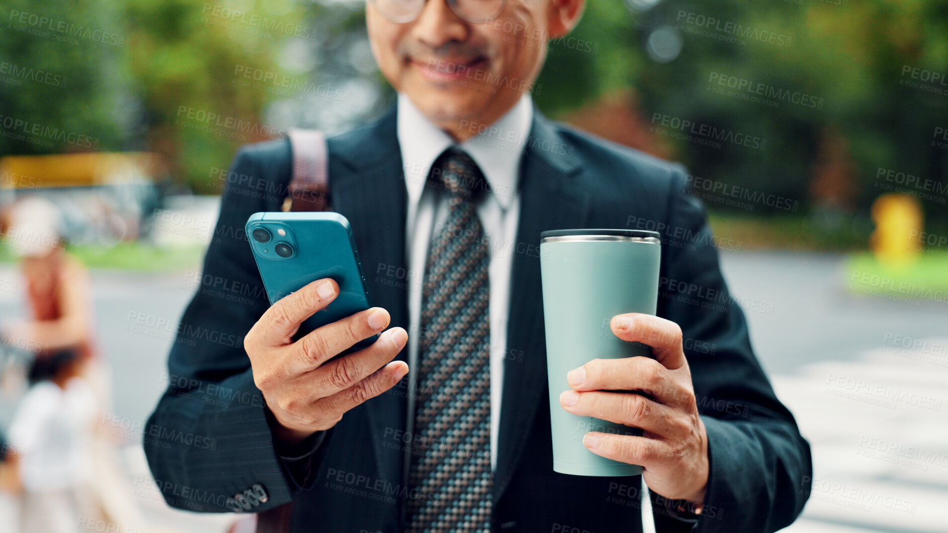 Buy stock photo Smartphone, business and man in city, hands and travel with mobile user, coffee and texting. Mature person, employee and consultant with cellphone, outdoor and message to contact, chatting and Japan