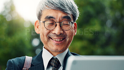 Buy stock photo Japanese, business and man with tablet in city for communication, planning travel and schedule update. Mature, person and digital for corporate negotiation, location research and information in Japan