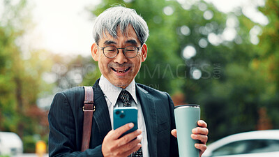 Buy stock photo Smartphone, business and mature man in city, coffee and travel with mobile user. Japanese person, employee and consultant with cellphone, outdoor and message to contact, chatting and online reading