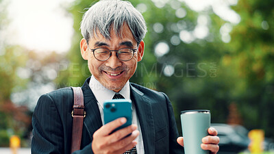 Buy stock photo Cellphone, business and mature man in city, coffee and travel with online reading. Japanese person, employee and consultant with smartphone, outdoor and message to contact, chatting and digital app