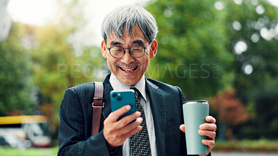 Buy stock photo Smartphone, business and outdoor with mature man, coffee and travel with online chatting. Japanese person, employee and consultant with cellphone, email notification and message to contact and app
