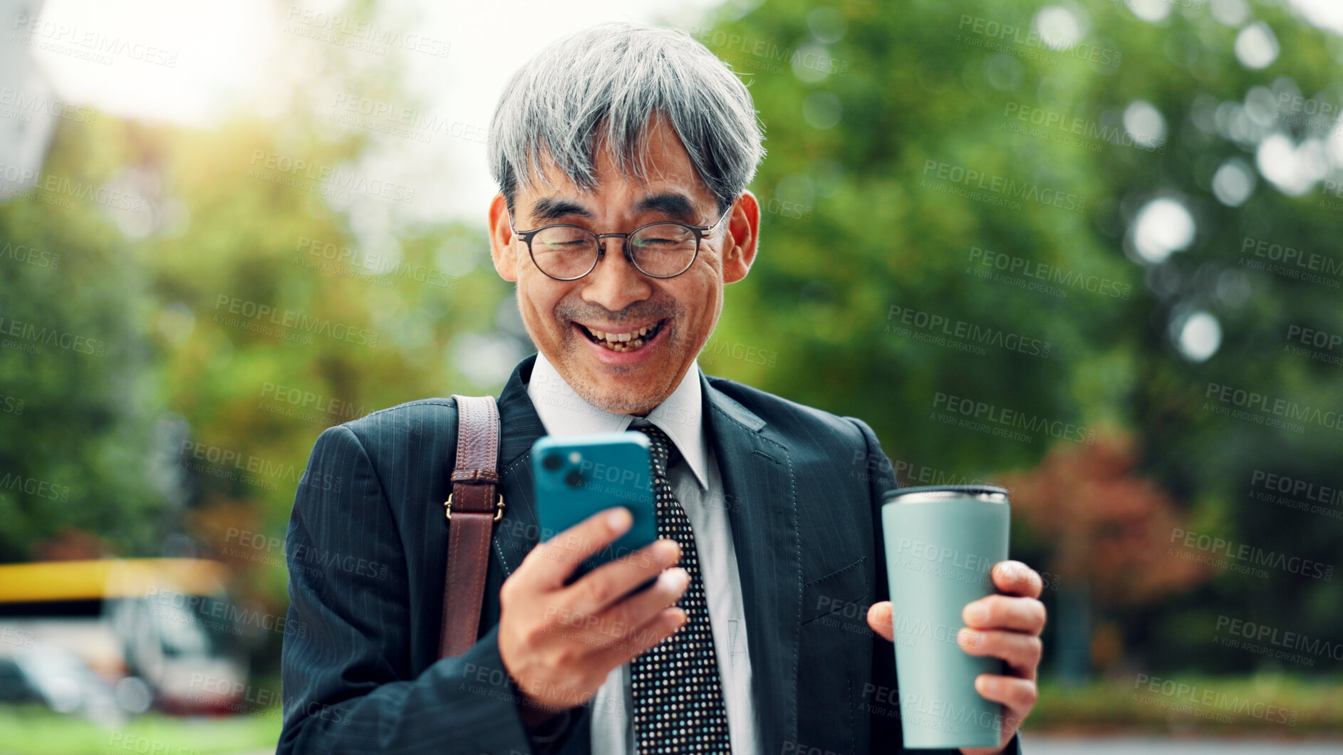 Buy stock photo Smartphone, business and outdoor with mature man, coffee and travel with online chatting. Japanese person, employee and consultant with cellphone, email notification and message to contact and app